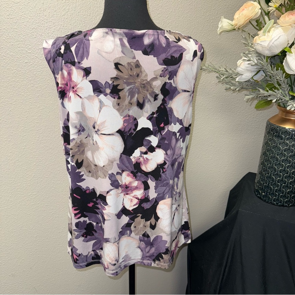 DKNY Floral Cowl Neck Sleeveless Top Purple White Size XL - Picture 3 of 7